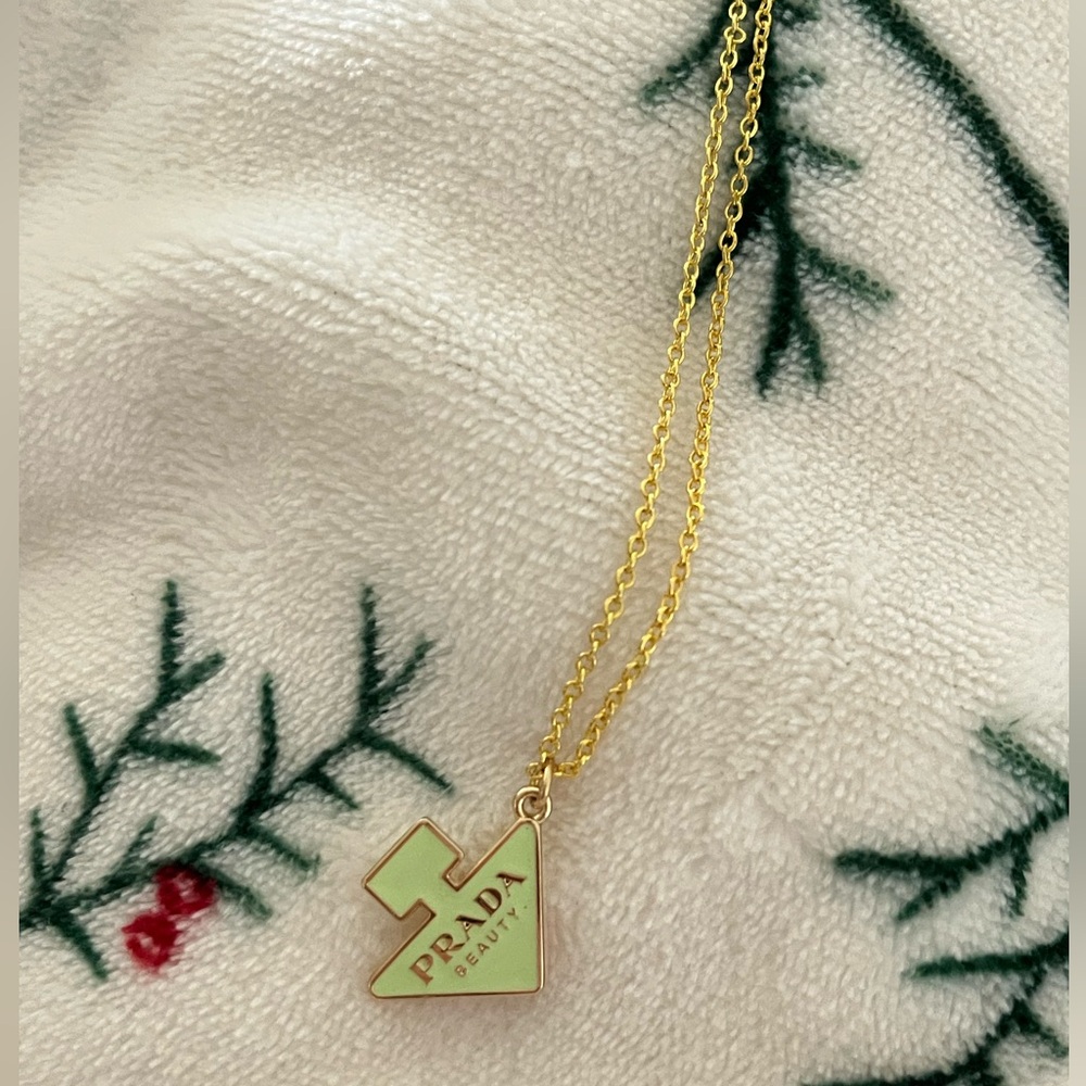Prada Beauty Gold Tone Green Mini Triangle Necklace - Picture 2 of 2